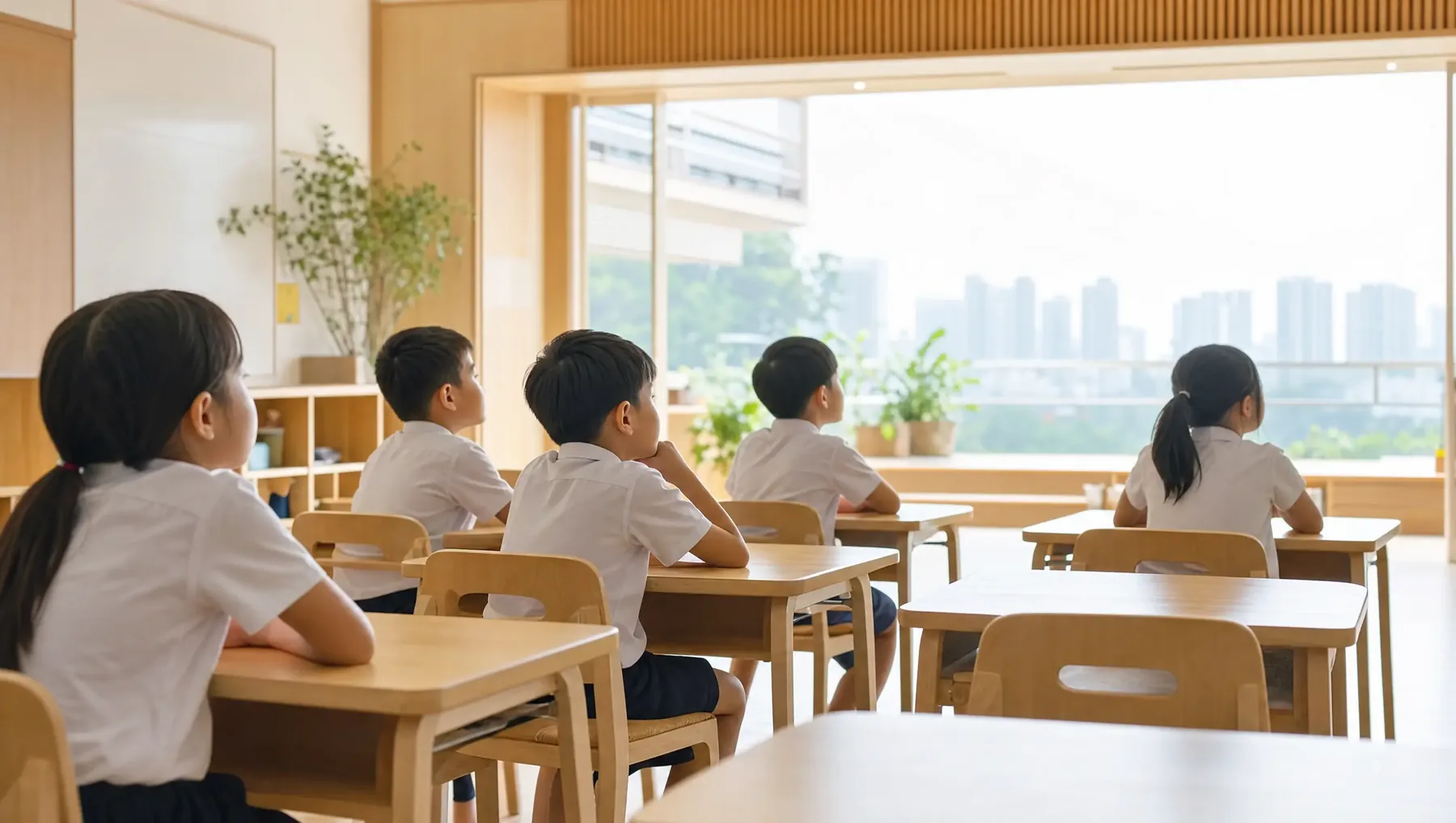 Primary school children at wooden desks in a bright classroom, looking toward a wide window