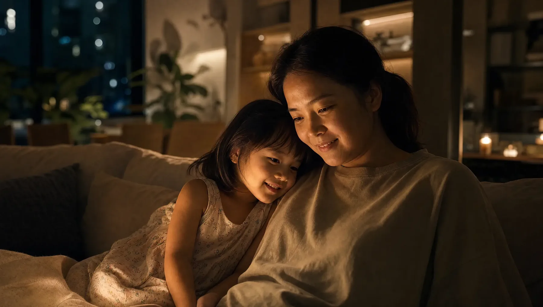 A parent and a young child sitting together on a sofa at home in the evening