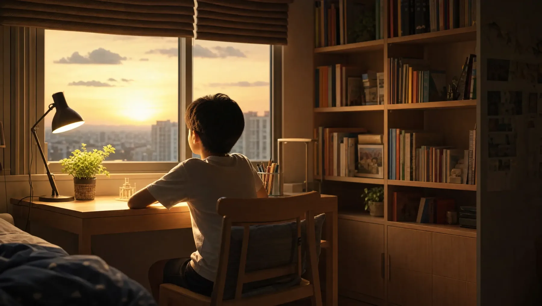 A child at a study desk by a window at golden hour, looking out toward a distant city horizon